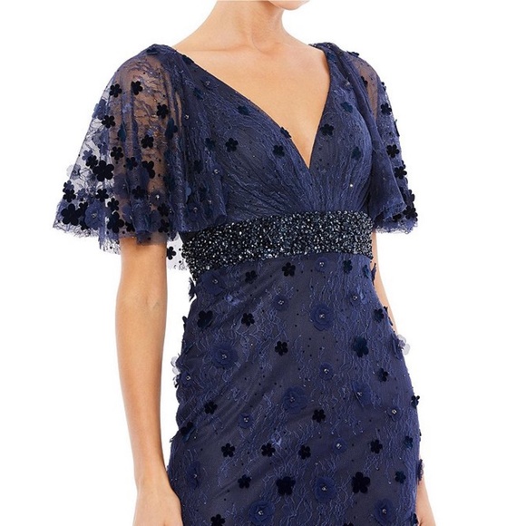 Mac Duggal 67712 Floral Applique Flutter Sleeve Beaded Waist Gown - Picture 2 of 12